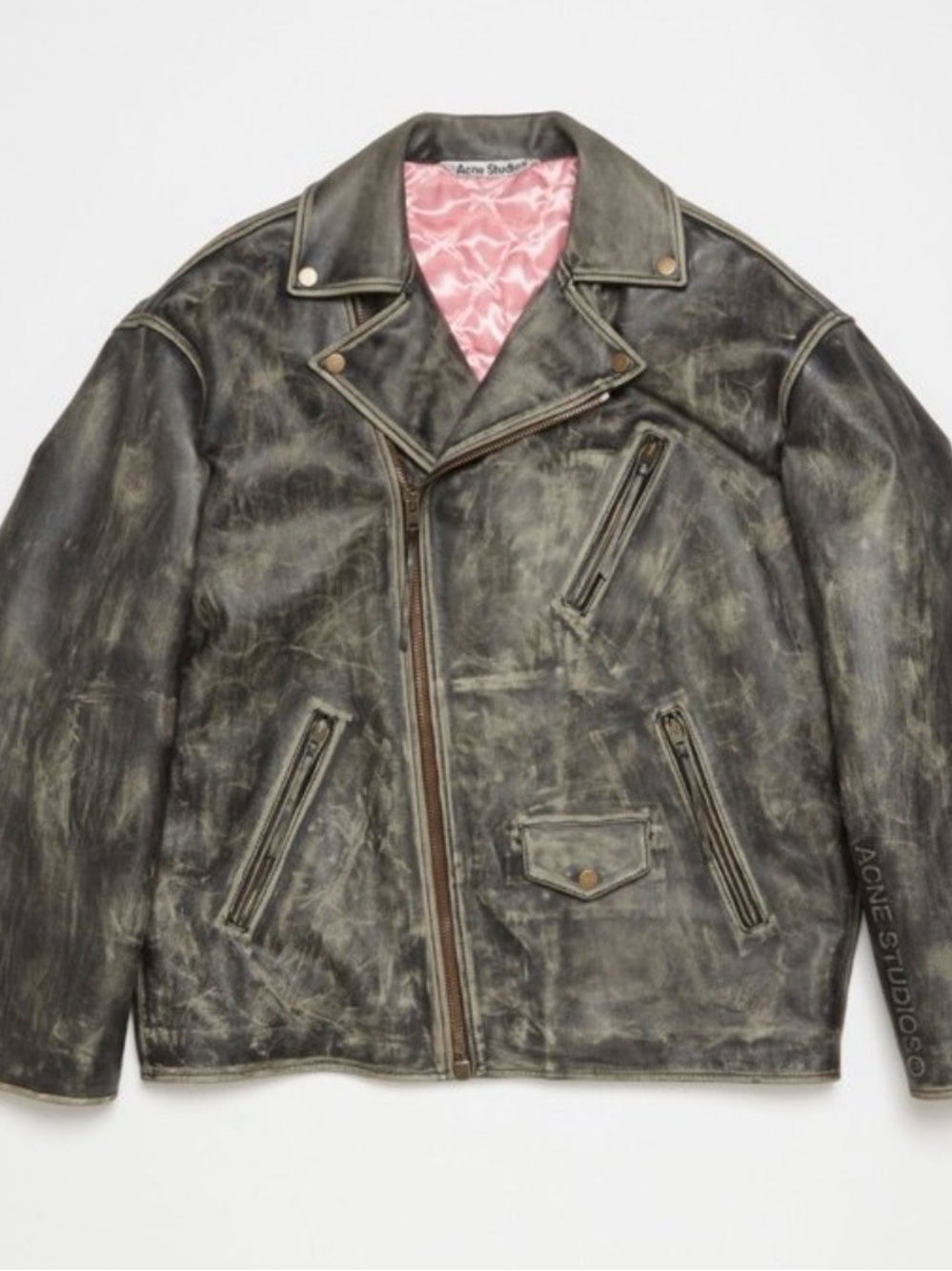 Acne Washed Black Leather Biker Jacket with Pink Quilted Lining - Picture 2 of 6